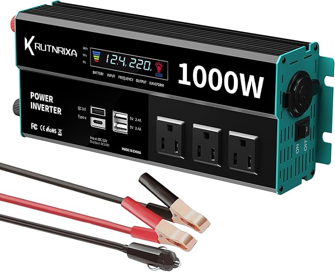 1000W Power Inverters 12V DC to 110V AC Converter for Vehicles USB-C/PD 25 Watts Fast Charging Ports Car Charger Adapter with a Cigarette Lighter Ports Plug Outlet