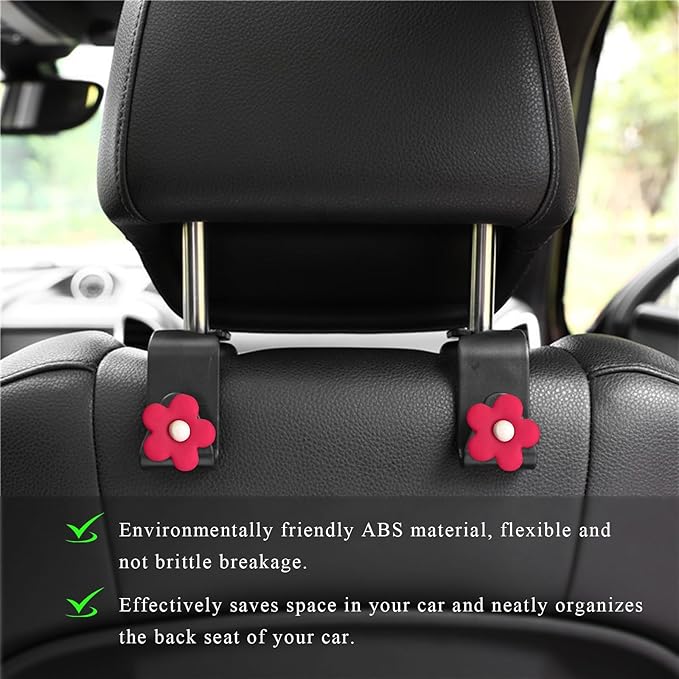 4 PCS Car Seat Headrest Hook, Plastic Headrest Hooks with Adhesive Flower, Auto Back Seat Hanger Storage Hook for Grocery Bag Purse Handbag Umbrella, Car Accessories (Red)