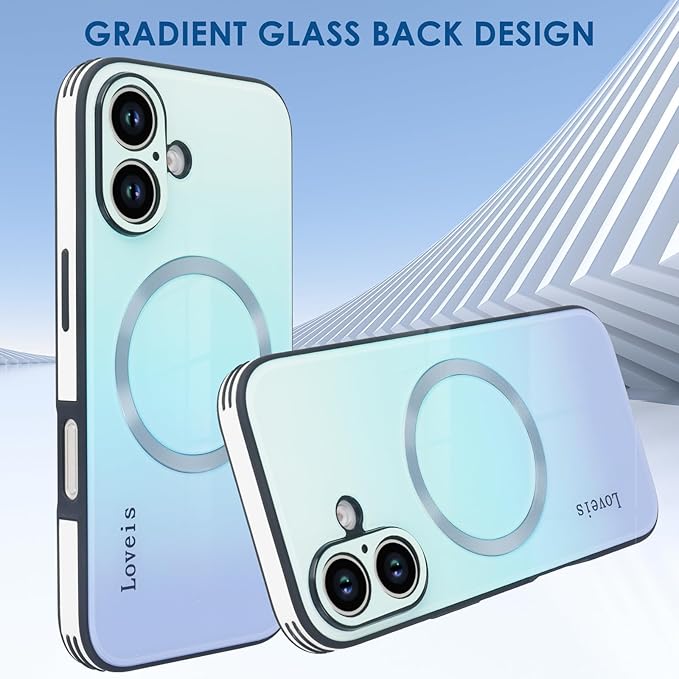 Guppy Compatible with iPhone 16 Case Magnetic, with Full Camera Lens Protector [Compatible with MagSafe] Scratch Resistant Gradient Glass Back Cover Phone Case-Blue