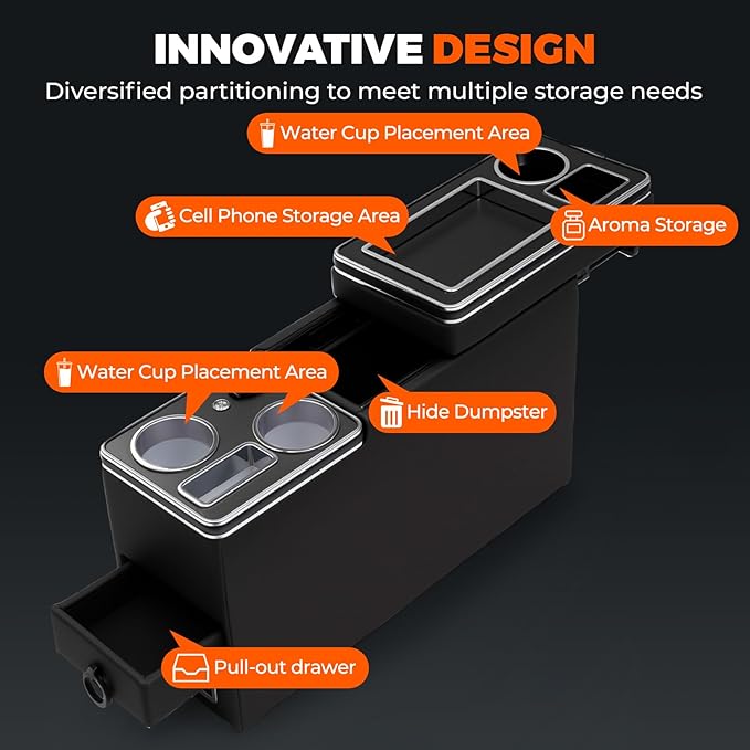 Center Console Between Seat Organizer for Minivans,SUVs,with Dual USB charging at the front and back,ambient lighting and drawers for Minivan&SUVs, Middle Van Floor Console Organizer Storage Box Black