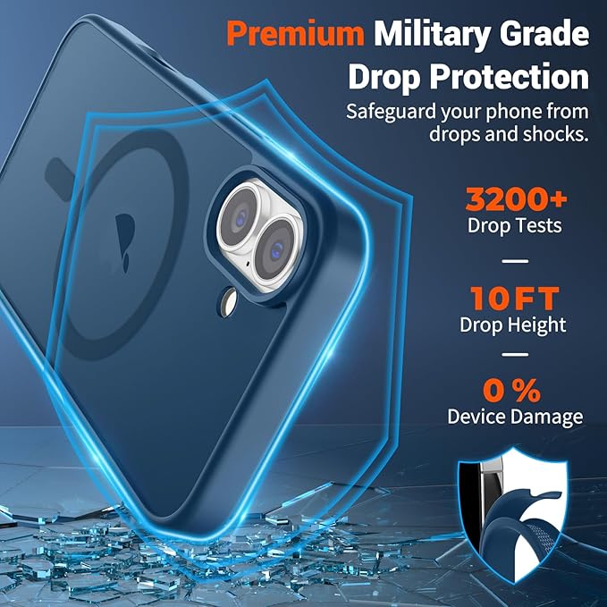 SUPFINE Magnetic for iPhone 16 Case with Screen Protector (Compatible with MagSafe) (Military Grade Drop Protection) Translucent Matte Shockproof with Anti-Fingerprint Phone Case,Deep Blue
