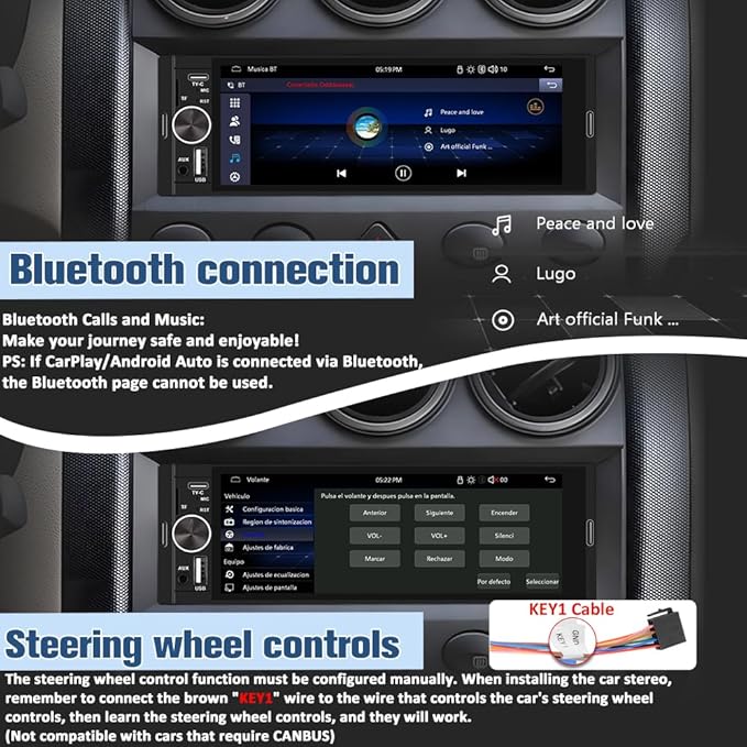 Universal Single Din Car Stereo with Wireless CarPlay & Android Auto, 6.36 Inch IPS Touch Screen Head Unit with Backup Camera/External Microphone, Car Radio Supports Bluetooth/SWC/FM/USB/TF