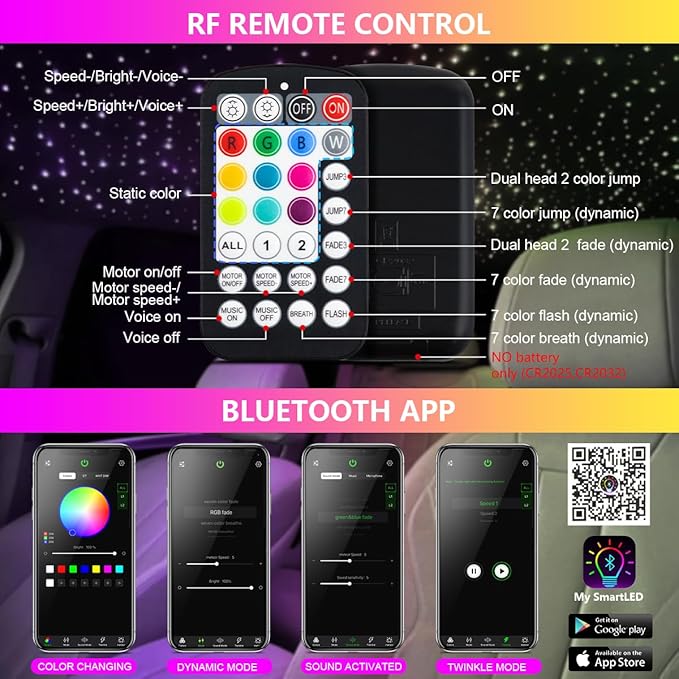 Starlight Headliner Kit,Twinkle + Music Sync Dual Color Fiber Optic Star Ceiling Lights with APP Remote Control, RGBW Star Lights for Car/Home Ceiling Decor, 1300pcs 9.8ft