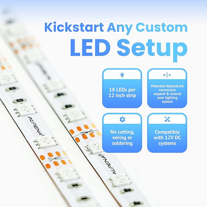 Alpena MAX LED Light Strip Starter Kit – EZ-Link Modular 12V Plug-and-Play Lighting for Cars & Trucks, Interior/Exterior Stick-On Light Bars, 2×12” Weatherproof Strips, Red