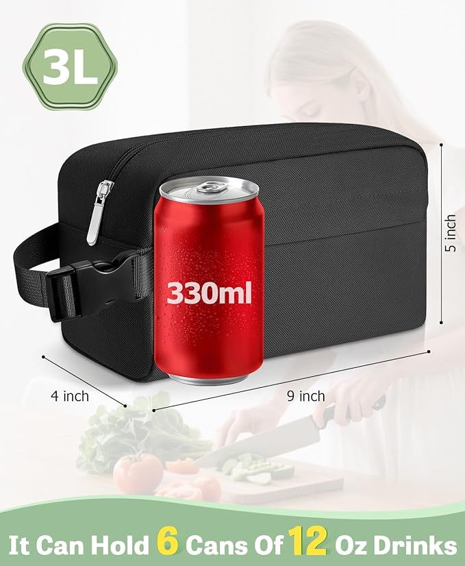 Small Insulated Snack Bag Lunch Bag for Kids Lunch Box for Women/Men, Collapsible [3L/5-Can] Reusable Lunch Bag Cooler Bag for Bottle with Handle Buckle for Work/School/Travel, Black
