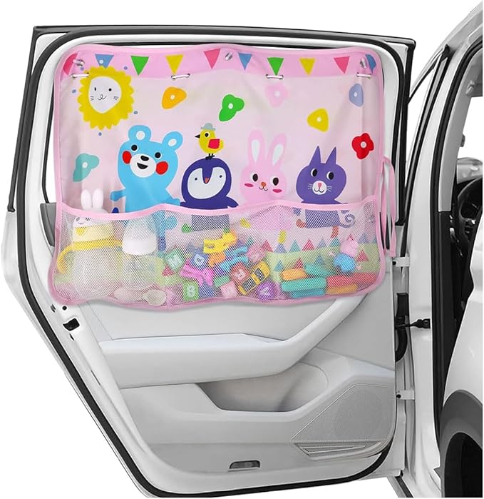 Car Window Shade for Baby, Blackout Car Window Curtain with Storage Pockets & 7 Suction Cups, Cartoon Pattern Cars Side Window Sun Shade Cover for Sun/Heat/UV Rays Protection (Pink-Animals)