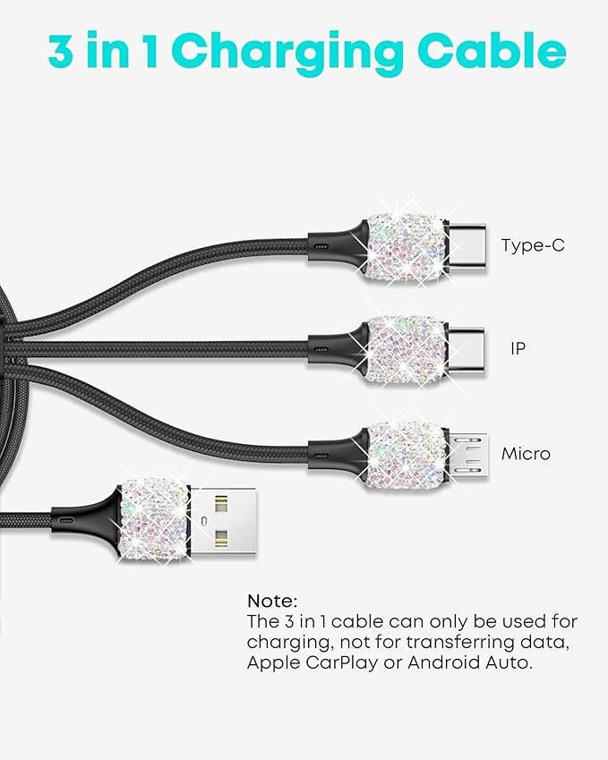 Bling USB Car Charger 5V 2.4A Multicolor Crystal Decor Dual Port Fast Adapter with 4ft Nylon Type C Micro USB 3 in 1 Multi Charging Cable for iPhone iPad Android, Auto Interior Accessories for Women