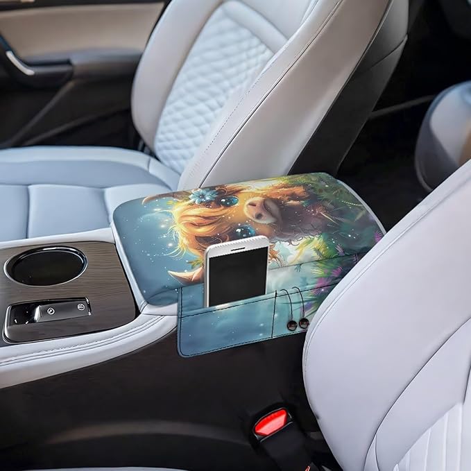 Wanyint Cute Highland Cow Auto Center Console Armrest Cover Arm Rest Seat Box Pad Protector with Side Storage Pocket Middle Console Pad for Car Storage Box Car Interior Accessories