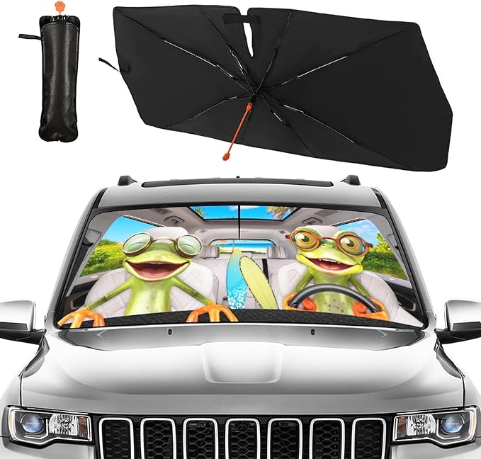 CHILL·TEK Funny Animal Car Windshield Sun Shade Umbrella, Frog Driving Car Sun Shade Umbrella, Block UV Rays Heat Foldable Windshield Umbrella Sun Visor Protector - Keep Vehicle Cool for Cars SUV