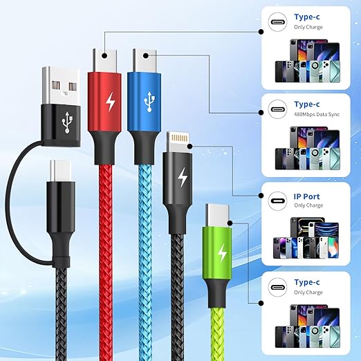 4 in 2 Multi Charging Cable [2Pack 5FT], USB C Splitter with 3 Type-c/1IP, Chargers for Multiple Devices, Compatible with Most Cell Phones/Tablets and More