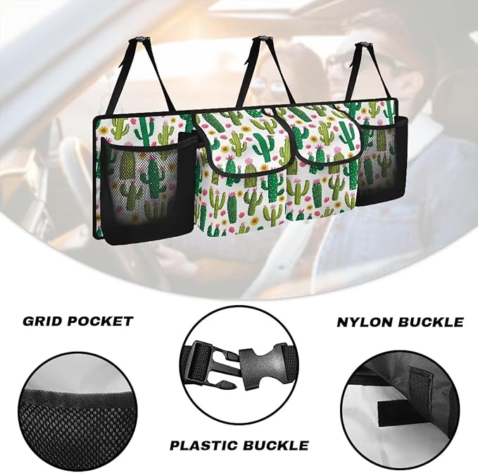 Cactus Car Hanging Trunk Organizer Cargo Storage Bag Car Interior Accessories with 2 Pockets & 2 Mesh Pouches for Groceries Universal for Most SUV Sedan Truck