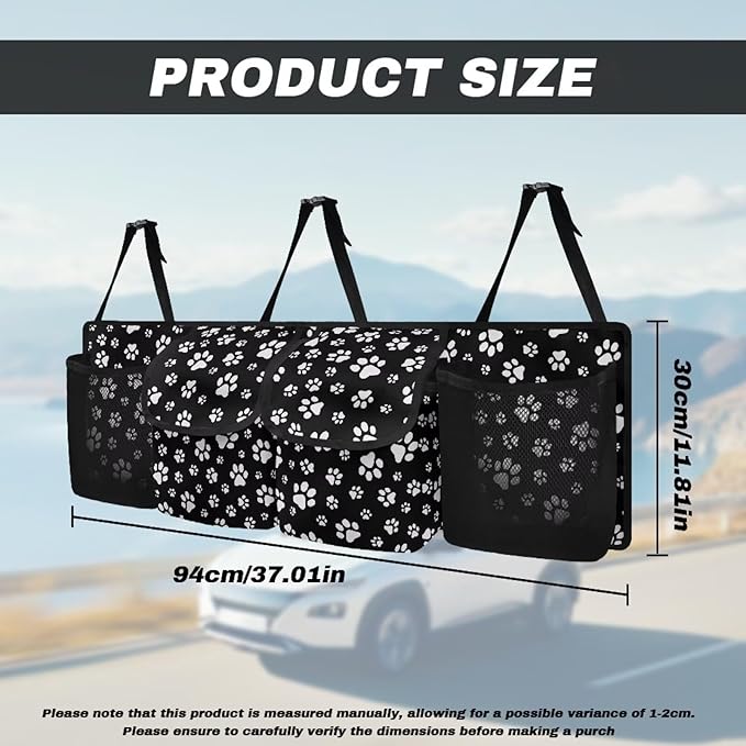 Black White Dog Paw Hanging Trunk Organizer, Foldable Car Trunk Organizer Back Seat with 4 Large Pockets, Hanging Trunk Organizer Universal for Vehicles