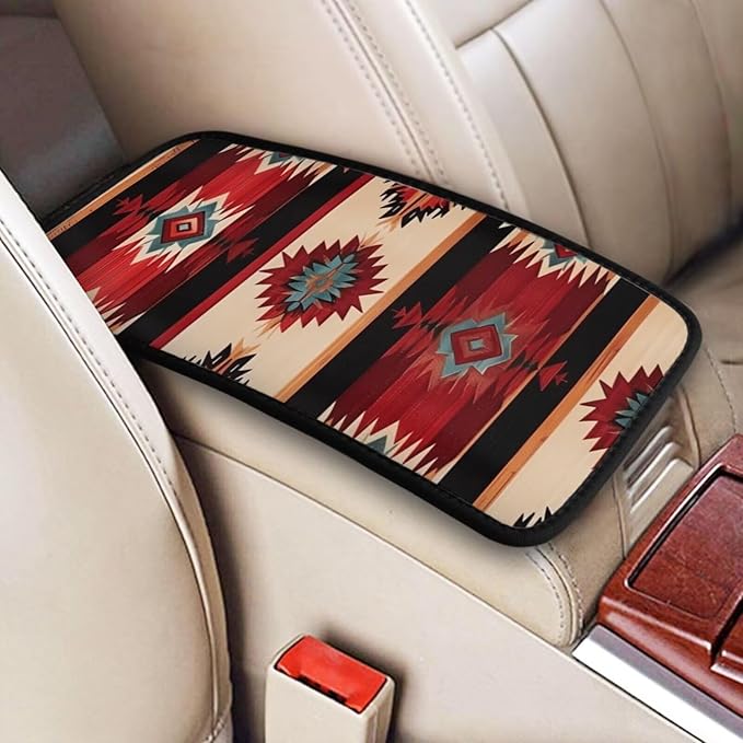 Aztec Boho Western Car Center Console Cushion Pad Southwestern Ethnic Native American Arm Rest Protector Anti-Scratch Car Center Console Lid Cover, Red