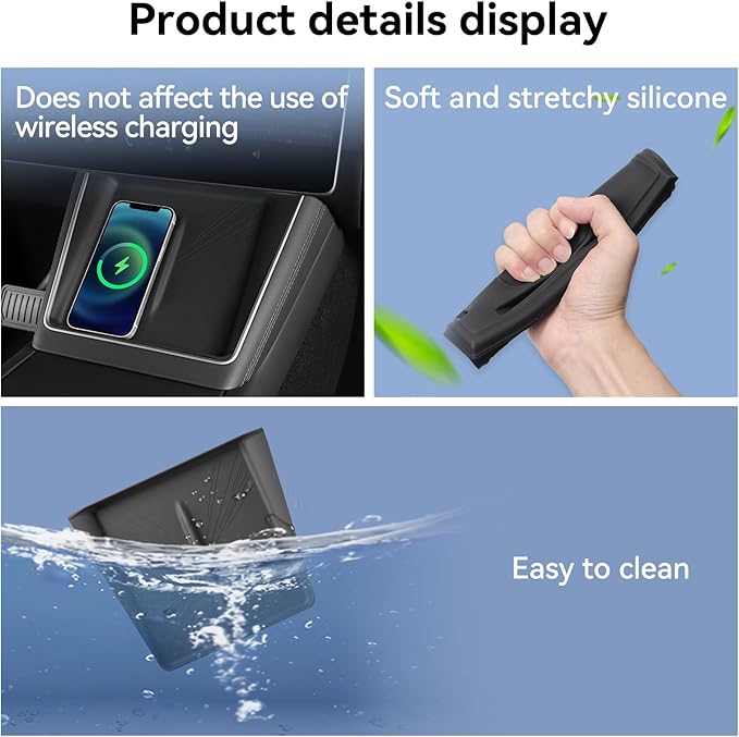 LUCKEASY Wireless Charging Pad for Tesla Model Y Juniper 2025 2026 Center Console Wireless Charger Pad Non-Slip Silicone Mat for Model Y Accessories Black (Lightspeed Texture)