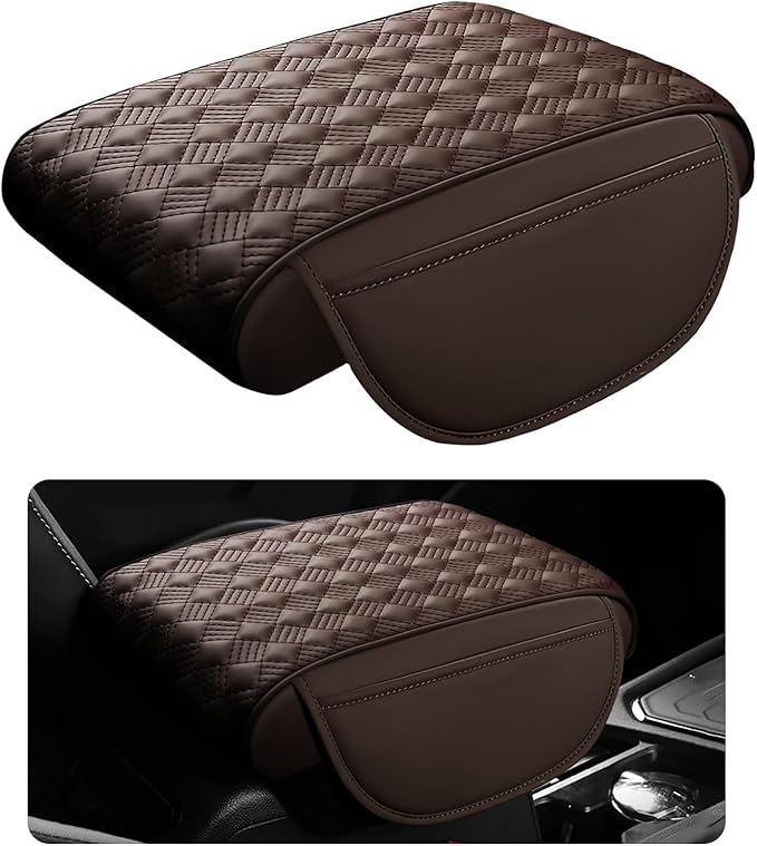 Car Armrest Cushion, 12.2"×8.3" Leather Auto Memory Foam Center Console Pad with Storage Pocket, Waterproof & Anti-Scratch Elbow Pillow Armrest Seat Box Protector, Universal Fit (Coffee)