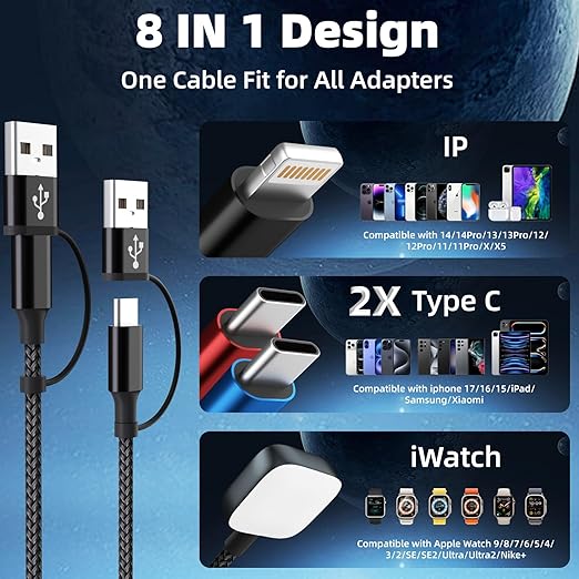Travel Essentials Dual Type-C Port 4 in 2 Multi Charging Cable for iWatch Charger/iPhone17/IP, Cruise Essentials 2026, USBA/USBC Cable for iWatch Ultra/SE/11-2, iPhone17-8, GalaxyS26, Car- 2Pcs 5FT