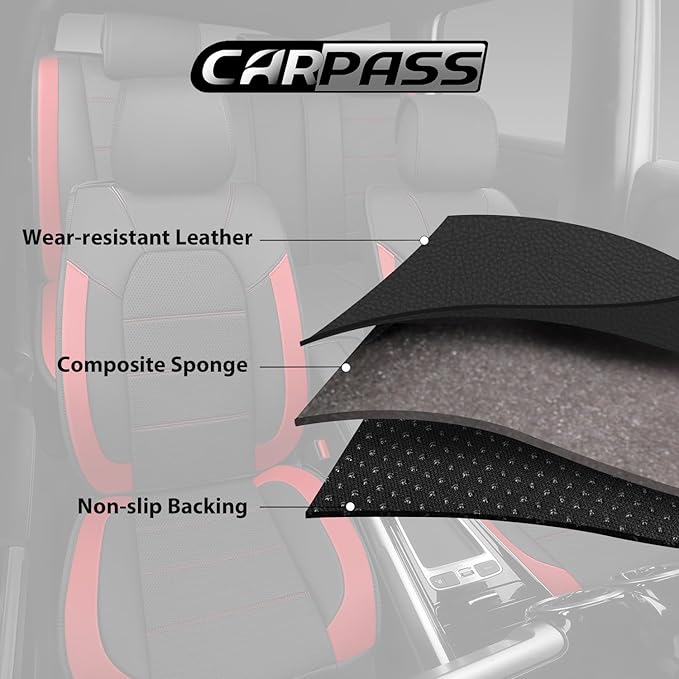 CAR PASS 5 Seats Leather Car Seat Covers, Sideless Car Seat Protectors with Storage Pocket, Water Resistance Seat Cover, Universal Fit Most Cars, SUVs, Trucks and Vans (Full Set,Black and Red)