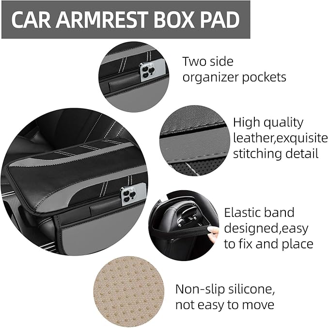 NBTEPEM Gray Center Console Cover, Sporty Leather Armrest Cover Cushion with 2 Storage Pockets, Universal Auto Middle Console Protector, Car Interior Accessories for Most SUV, Truck, Sedan Vehicles