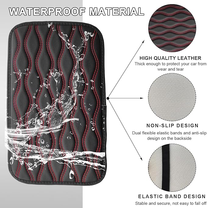 Car Center Console Cushion Pad, 12.48×7.40 Inches Waterproof Car Armrest Seat Box Cover, Comfortable PU Leather Vehicle Armrest Cover Protector, Car Decor Interior Accessories (Black＋Red)
