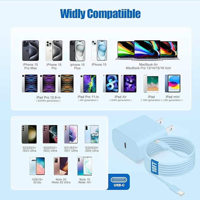 iPhone 17 16 15 Fast Charger Block and 10ft Type C to C Cable Cord Long, 20W USB C Charging Plug for Apple iPhone 17 Pro Max/17 Air/16 Pro Max/16/15 Pro/15 Plus/iPad Mini,Wall Power Adapter Cube Brick