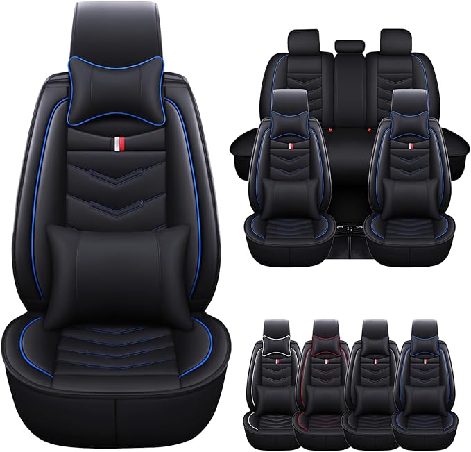 Car Seat Cover for Ford Explorer 2000-2025, Waterproof Durable Compatible Airbag, Premium Leather Seat Protector(5 Seats Luxury,Black Blue)