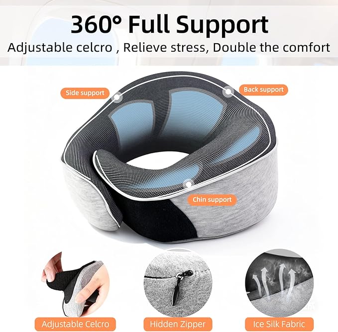Travel Neck Pillows for Airplanes- 360° Support Memory Foam Travel Pillow with Portable Carry Bag Including Eye Mask & Earplugs, Gift for Long Flights, Car Rides & Office Naps (Grey)