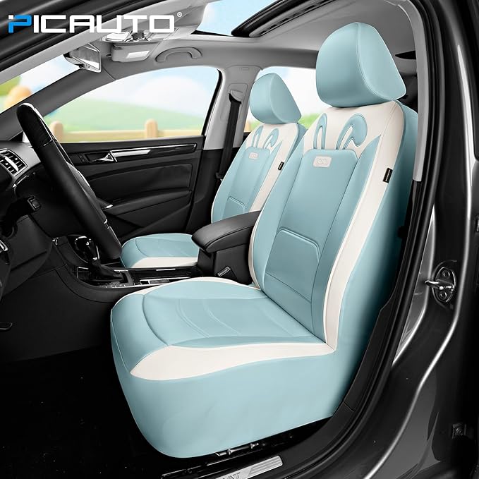 PIC AUTO Car Seat Covers, Cute Rabbit Premium Blue Leather Seat Covers, Universal Fit Front Seat Covers for Cars, Trucks, SUVs, Soft & Wear-Resistant Auto Interior Protection with Airbag-Compatible