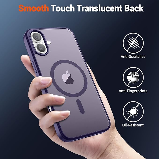 SUPFINE Magnetic for iPhone 16 Plus Case(Compatible with MagSafe)(Military Grade Drop Protection) Slim Translucent Matte Shockproof with Anti-Fingerprint Phone Case,Dark Purple
