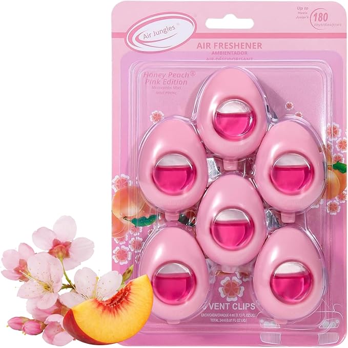 Air Jungles Car Air Freshener Vent Clip Honey Peach Scent, Pink Edition, 6 Pack (4ml Each), Long-Lasting Sweet Fruit Fragrance & Odor Eliminator, Up to 180 Days