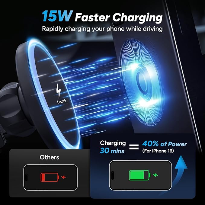 Lecork for Magsafe Car Mount, 15W Magnetic Wireless Charger for iPhone, Magsafe Air Vent Car Holder Charger for iPhone 17 Pro Max/16/15/14 13, Samsung S26/S26+/Ultra, RGB LED Design