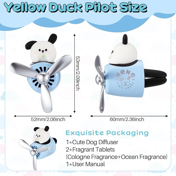 Tallew Car Air Freshener Cute Dog Car Vent Clip Diffuser with Rotating Propeller Outlet Vent 2.5" x 2.4" x 2.1" Easy to Install Included 2 Scents Aroma Tablets Aromatherapy Ornament Auto Accessories