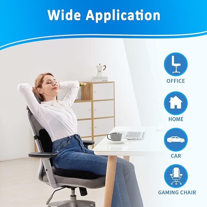 SAIREIDER Seat Cushion and Lumbar Support Pillow for Office Chair, Memory Foam Car Seat Cushions Back Support Pillows, Help Relieve Pain of Back, Lumbar, Tailbone and Sciatic Nerve（Black）