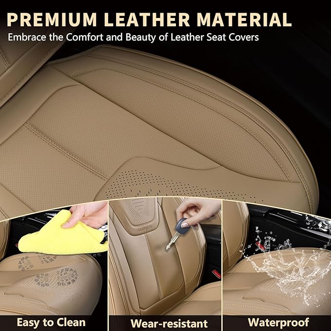 FLORICH Seat Covers, Front Car Seat Covers Luxury Waterproof Faux Leather Seat Covers Cushion, Car Seat Protectors Universal Fit for Most 5 Seats Vehicles - Beige