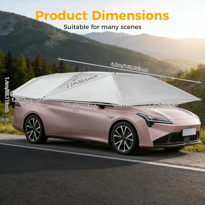 Semi-Automatic Car Tent, 3.78×7.2FT Portable Cars Umbrella Vehicles Tent Blocking UV Rays Car Roof Cover Cars Awning with Carrying Bag Sun Shades for Vehicles Roof Protection (Silver Gray)