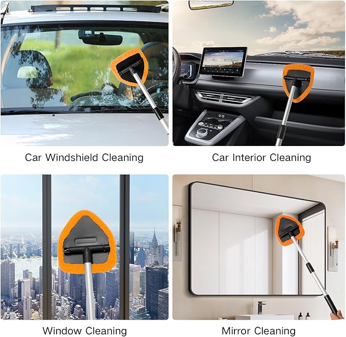 Qydipclin 7pcs Windshield Cleaner Tool Car Window Cleaning Wash Kit with 4 Reusable Microfiber Pads 1 Spray Bottle and Extendable Handle Auto Glass Wiper Kit, Orange