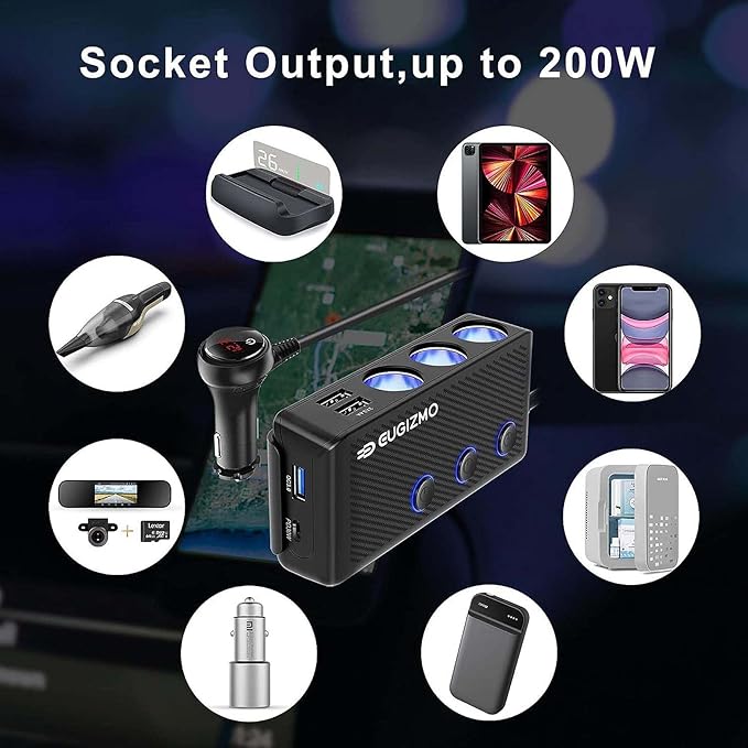 EUGIZMO Cigarette Lighter Plug Splitter, 3 Socket 200W Car Cigarette Lighter Adapter USB Charger Extension Cord Multi Port Power Plug 12V/24V Splitter with LED Voltage Display Independent Switches