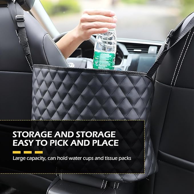 Car Purse Holder Between Seats with Front Pocket, Hanging Large Capacity Snack Cup Bag Document Storage Bag, Multi-functional Organizer for Travel, Auto Interior Backseat Barrier (Black)
