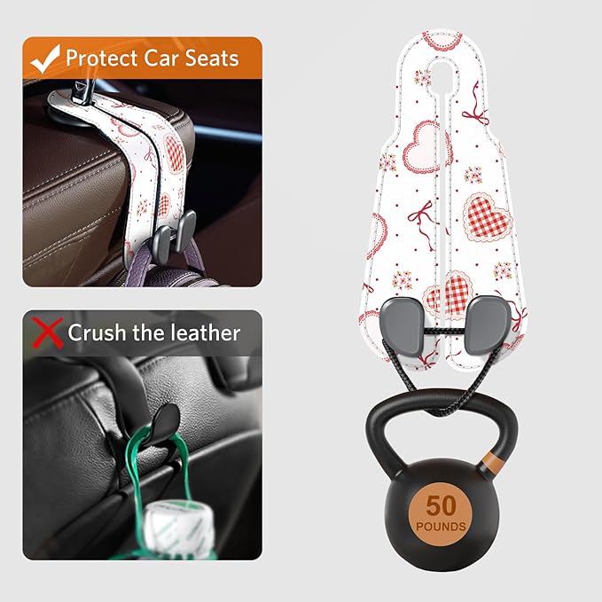 CoBak Purse Hook for Car - Universal Premium Stitched Leather and Aluminum-Magnesium Alloy Double Car Seat Back Storage Hook for Purses, Handbags, Bags (2 Pack),Heart Thread
