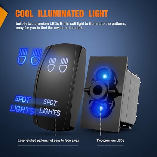Nilight SPOT Lights Rocker Switch Led Light Bar Switch 5Pin Laser On/Off switches 20A/12V 10A/24V Switch with Jumper Wires Set for Cars,Trucks,RVs,2 Years Warranty