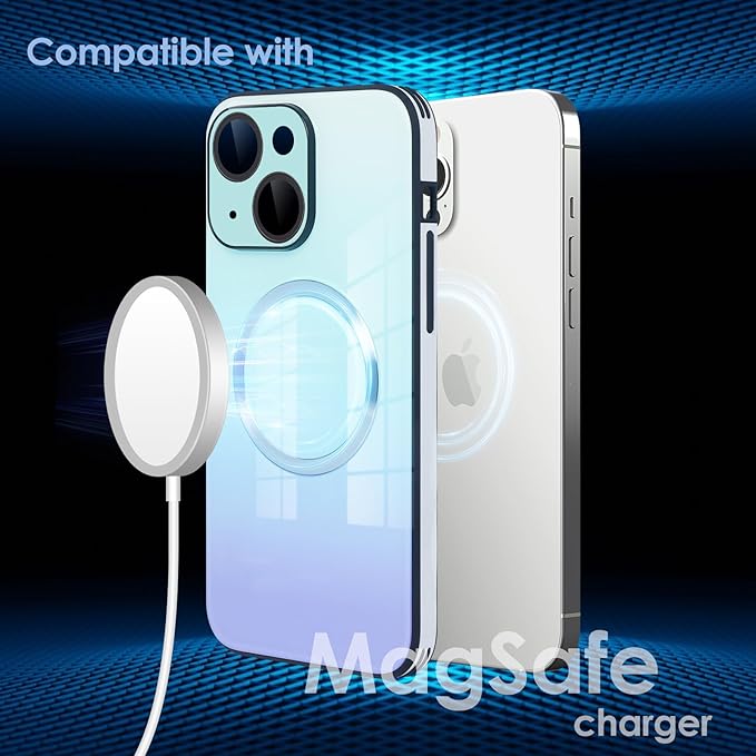 Guppy Compatible with iPhone 15 Case Magnetic, with Full Camera Lens Protector [Compatible with MagSafe] Scratch Resistant Gradient Glass Back Cover Phone Case-Blue