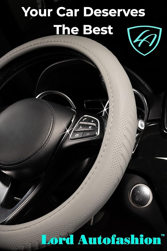 Lord Autofashion Steering Wheel Cover – PU Leather, Non-Slip Rubber Inner, All-Season Comfort – 14.5–15 Inch (Grey 9356)