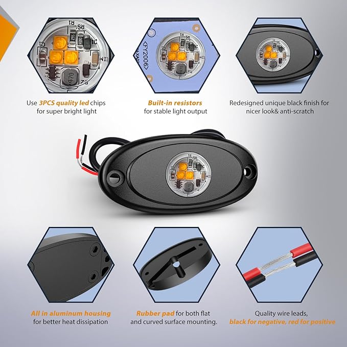 Nilight LED Rock Light 4PCS Amber Underglow Wheel Well Fender Pods Waterproof Exterior Underbody Roof Rack Side Lamps for 12V 24V Car Truck Pickups ATV UTV SUV Motorcycle Boat