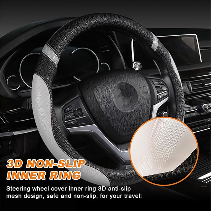 Car Steering Wheel Cover, Non-Slip Leather Auto Steering Wheel Protector, Comfortable Steering Wheel Cover Protector for Most Cars, Universal Interior Car Accessories (Gray)