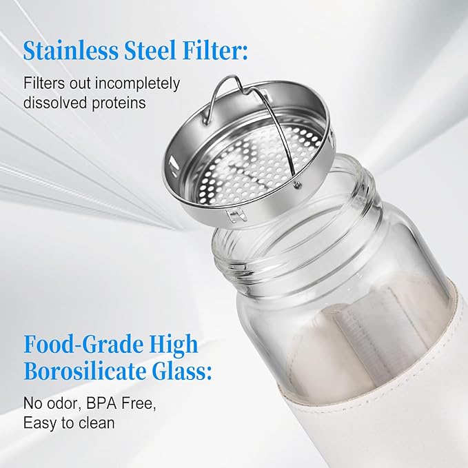 Small Glass Shaker Bottle,16oz BPA Free Odorless Shaker Bottle with 304SS Mixing Ball and Removable Cleaning Brush for Fitness & Protein Shakes(White-1Pack)