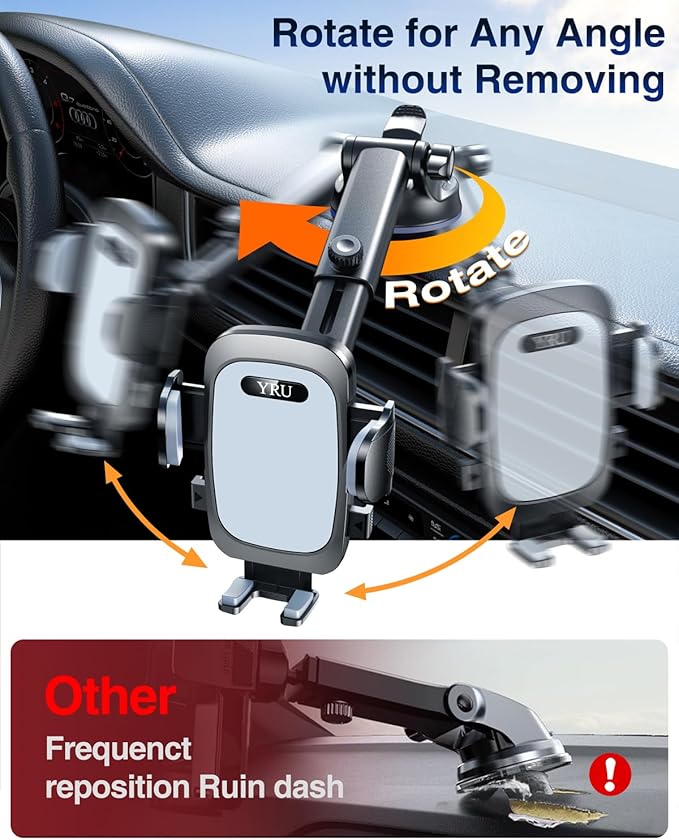 YRU True Military-Grade [360° Rotation Suction] 2026 Ultimate Car Phone Holder Mount 【90+LBS Safest Strongest & Patent Certs】 Dashboard Windshield Vent for iPhone 17 16 Pro Max Samsung, Light Gray