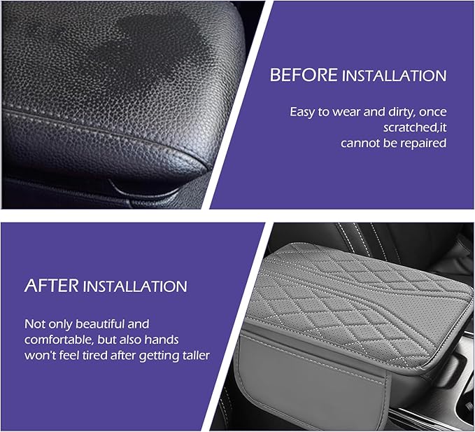 Car Center Console Cover, Leather Center Armrest Cover with Storage Bags, Automotive Heightening Console Protection Pad, Universal for Cars, Trucks, SUVs (Grey)