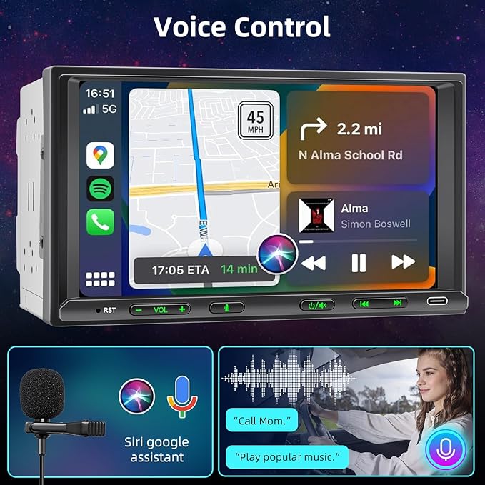 Double Din Car Stereo Radio Wireless CarPlay Wireless Android Auto, 7in Touchscreen Car Audio Receiver with Bluetooth,Rearview Camera,AM/FM, GPS Navigation,Mirror Link,Subwoofer,USB/AUX/SWC