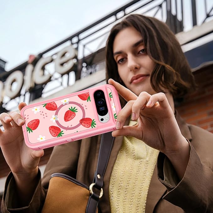 for Google Pixel 9 Pro XL Case - Compatible with MagSafe Women Cute Girls Magnetic Protective Cover Strawberry Girly Kawaii Design Heavy Duty Shockproof Phone Case for Pixel 9 Pro XL 6.8"