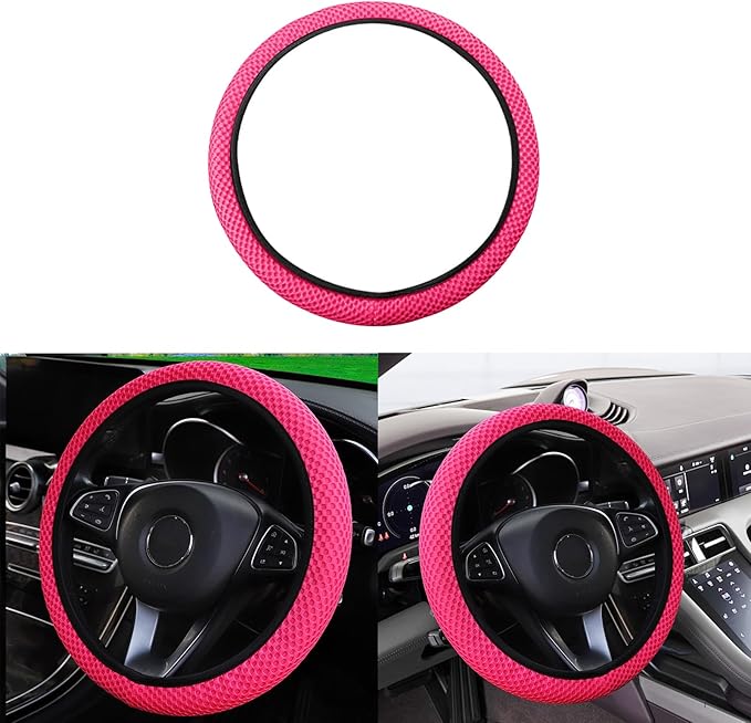 Elastic Stretch Car Steering Wheel Cover, Comfortable Steering Wheel Cover Universal for 14.5-15 Inch, Warm in Winter & Cool in Summer, Anti-Slip Breathable Ice Silk (Rose Red)