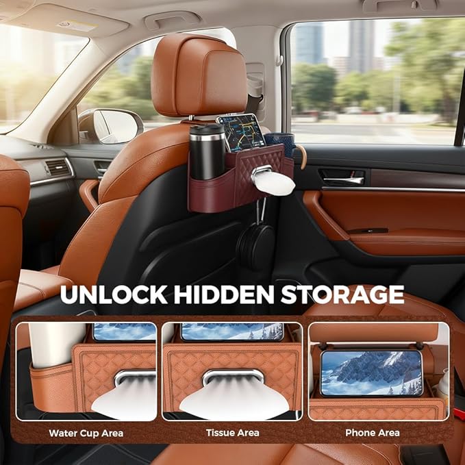 3-in-1 Car Backseat Organizer with Cup Holder Tissue Box and Hooks, Multifunctional Car Seat Back Storage Box, Car Headrest Backseat Organizer for Travel SUV Sedan Truck Car Accessories (Red)